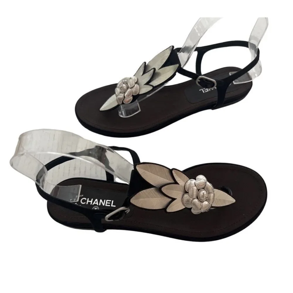 Chanel Limited Edition metallic thread flower pearl thong sandals size 38